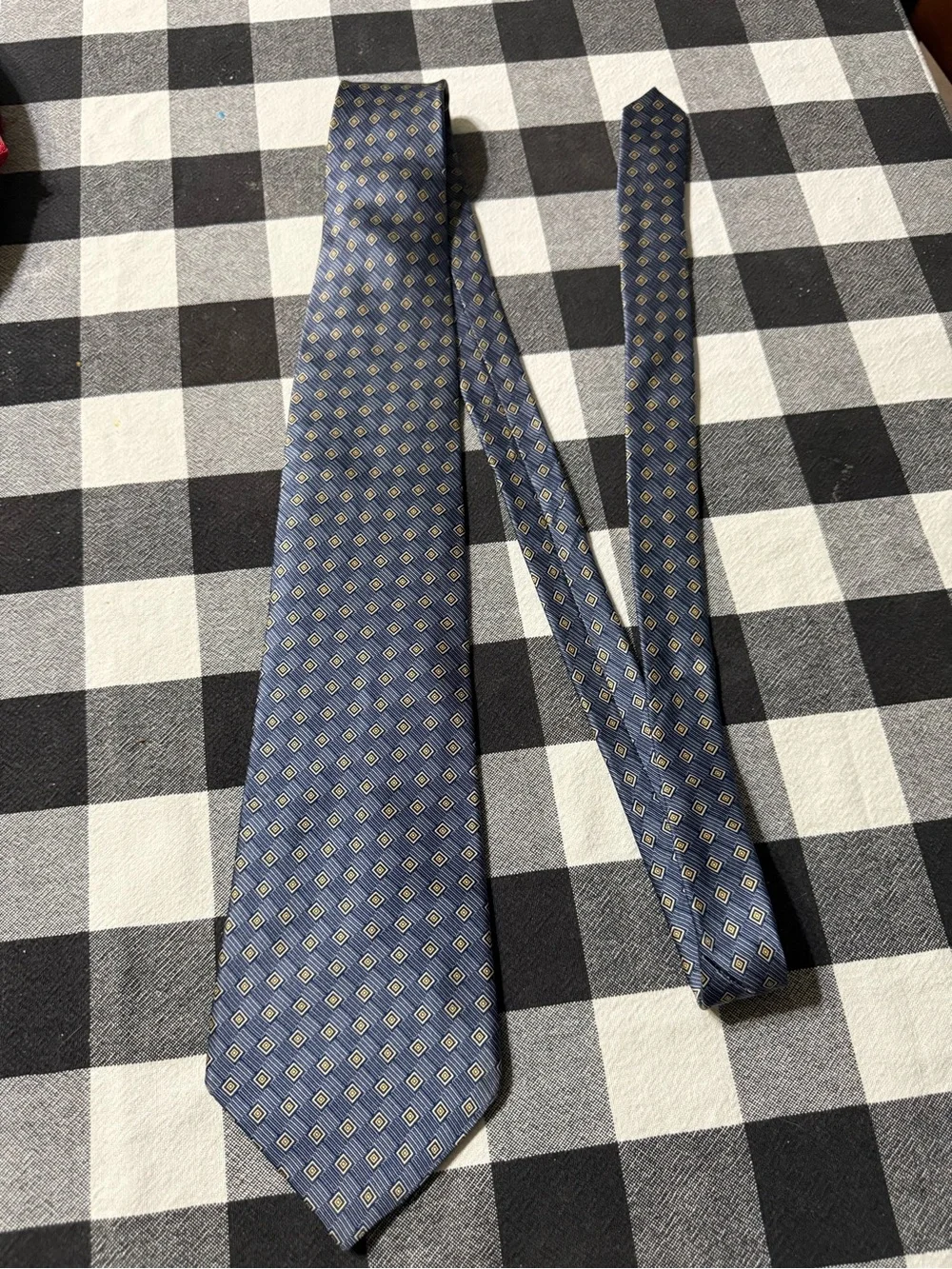 Perry Ellis Navy Blue Geometric Silk Tie with Gold Accents